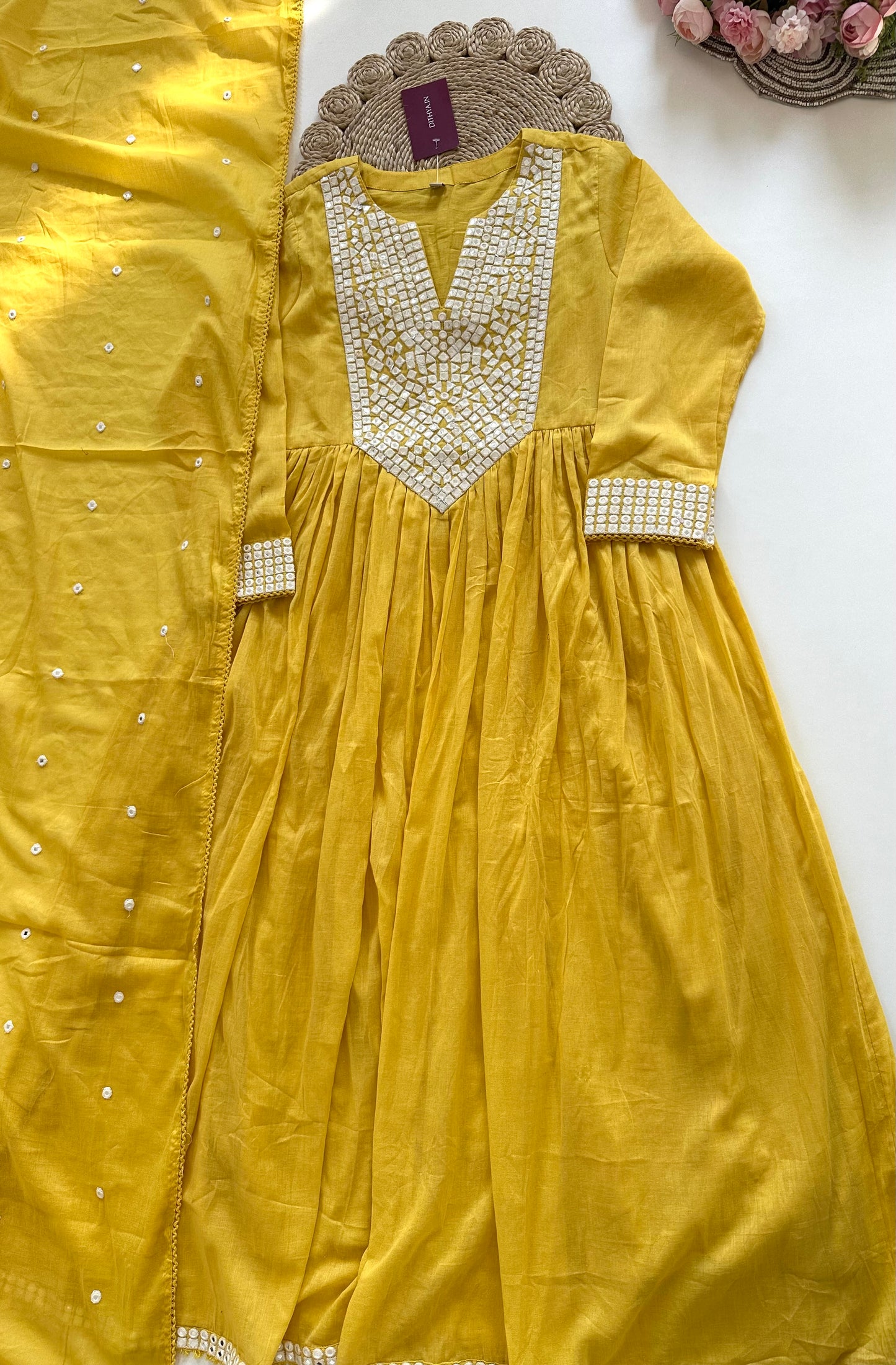 K116 - Mul mul cotton mirror work Anarkali with pants and dupatta in 2 colours