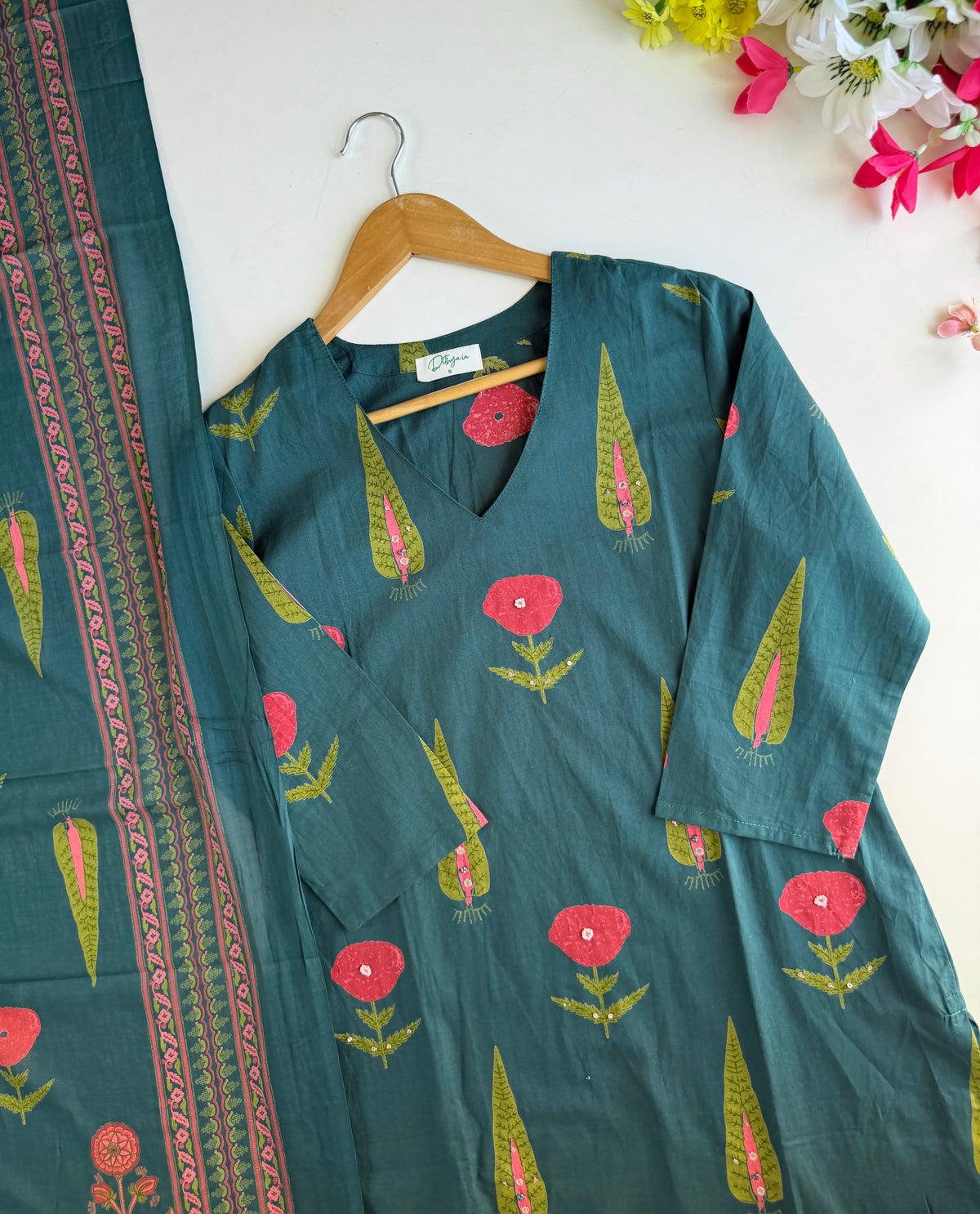 K368 - Mul cotton embroidered straight Kurti with pants and dupatta
