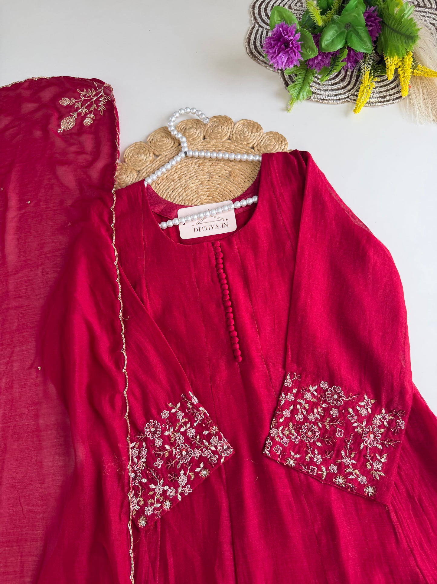 K557 - Mul chanderi handwork Anarkali with pants and dupatta