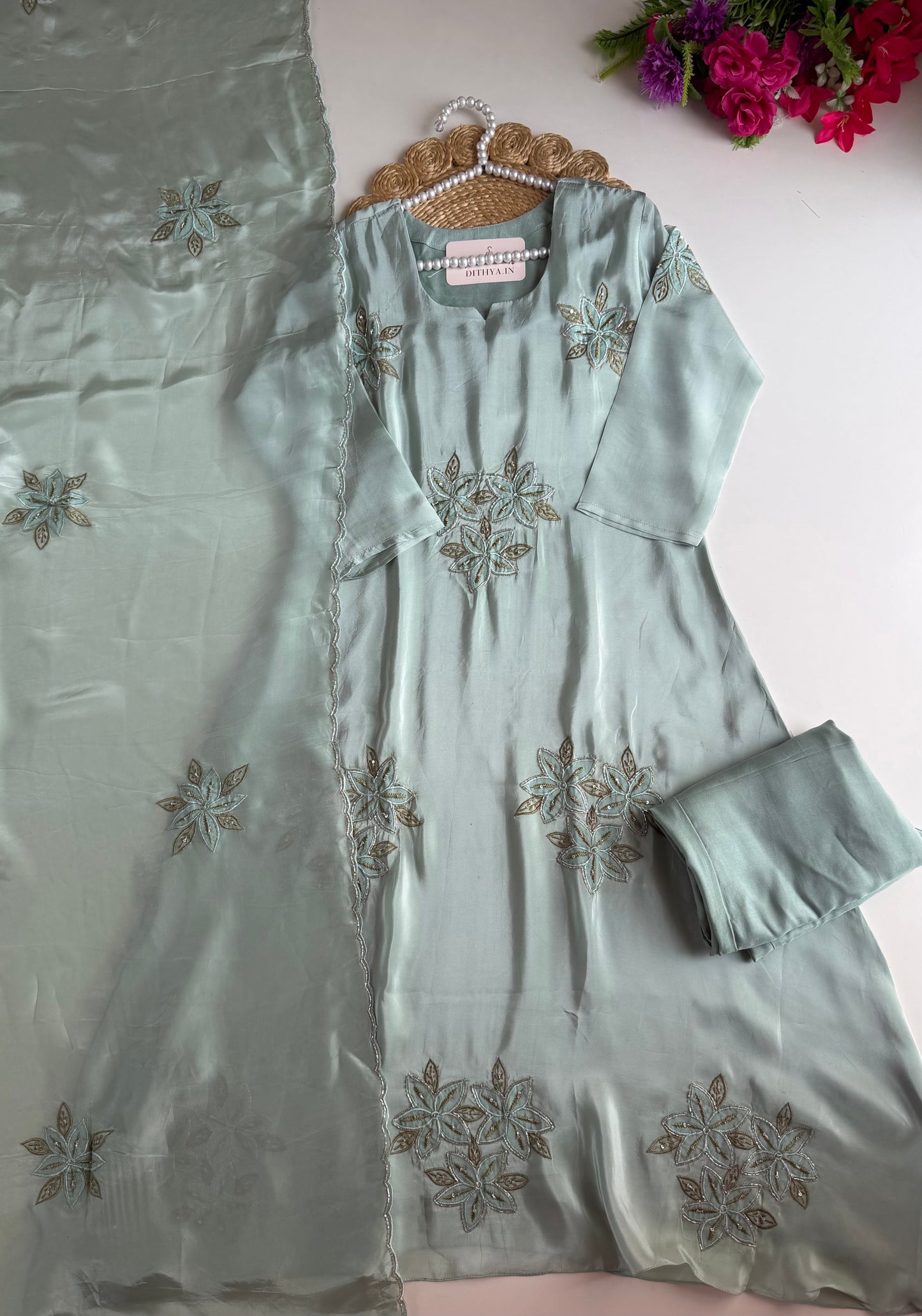 K708 - Pure crape handwork aline Kurti with pants and dupatta