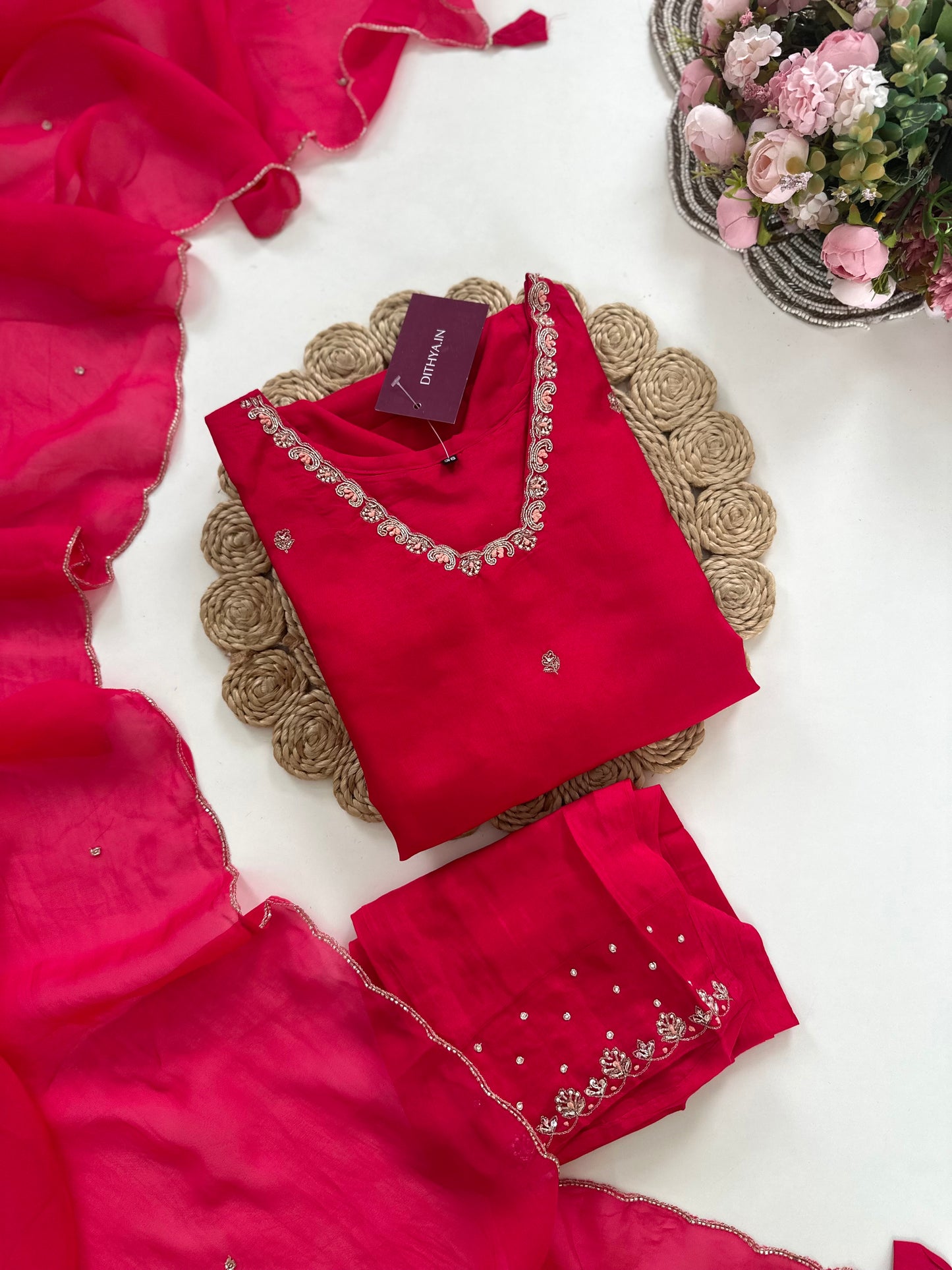 K010 - Dola silk handwork straight Kurti with pants and dupatta in 2 colours