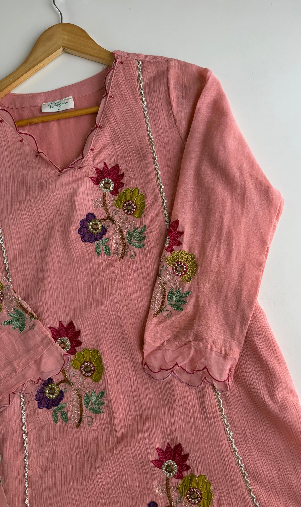 K539 - Crushed mul Chanderi embroidered Aline Kurti with pants and dupatta