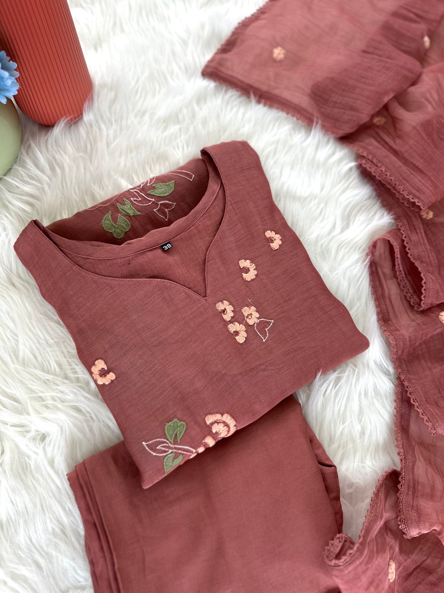 K208 - Mul Chanderi appliqué work Aline Kurti with pants and dupatta