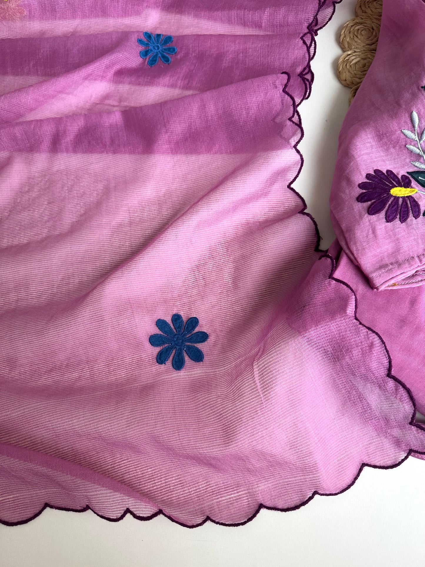 K126 - Mul Chanderi embroidered Aline Kurti with pants and dupatta