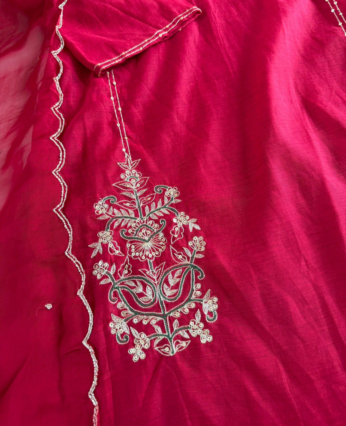 K333 - Mul chanderi handwork aline Kurti with pants and dupatta