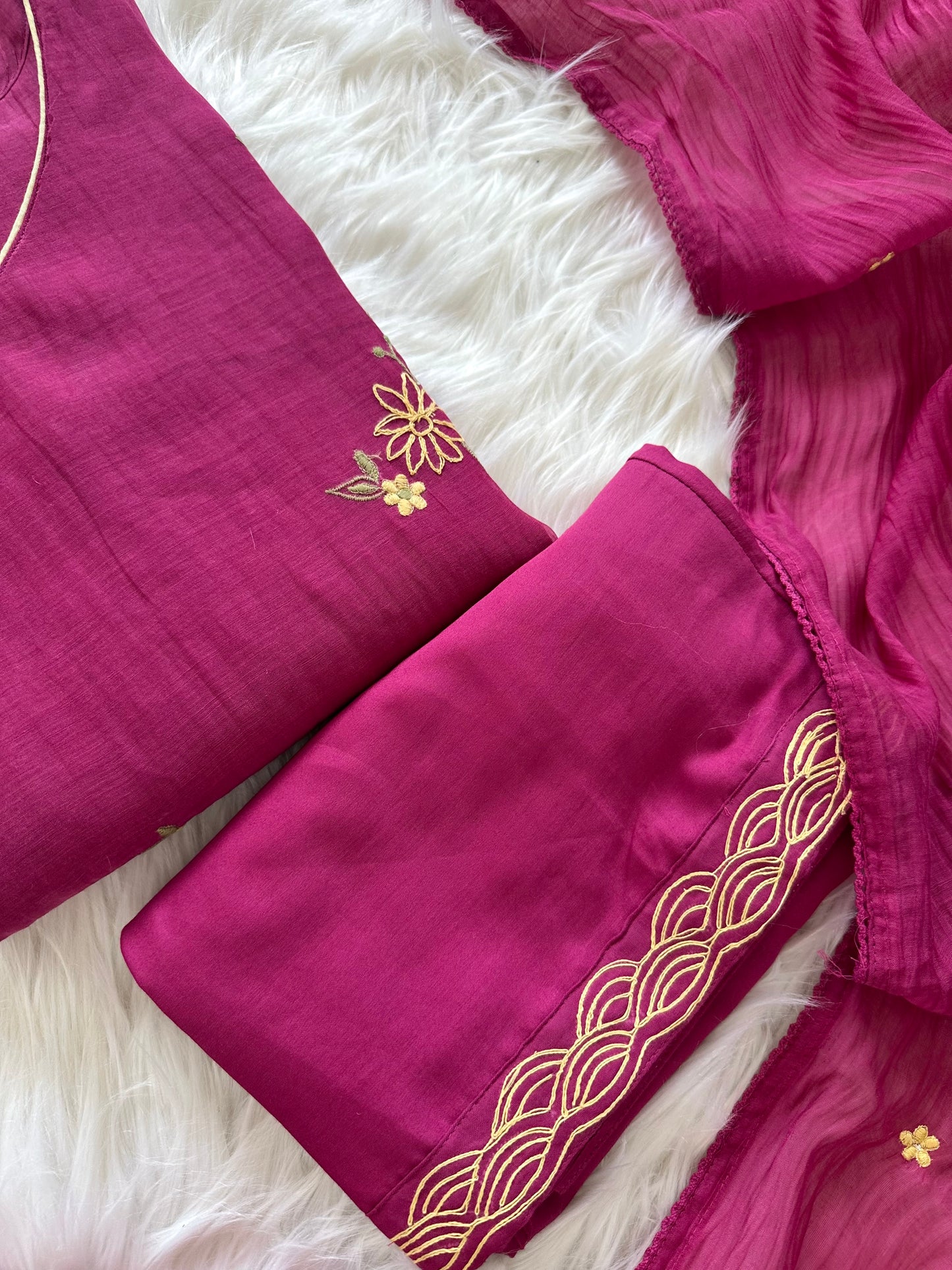 K286 - Mul Chanderi embroidered Aline kurti with palazzo pants and dupatta