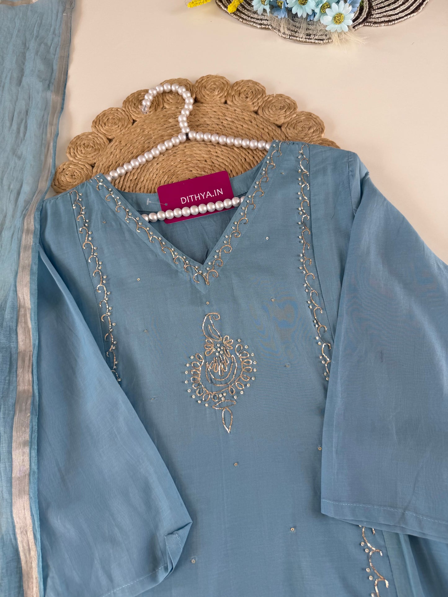 K465 - Mul chanderi zari Aline Kurti with pants and dupatta
