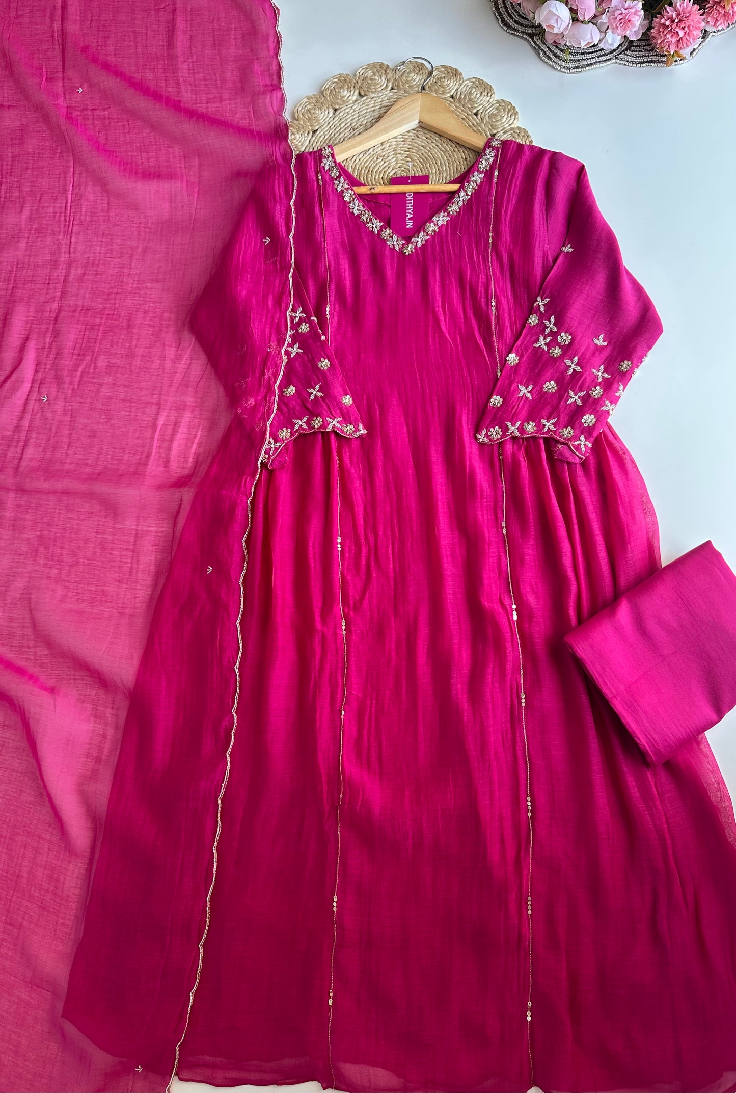 K309 - Mul Chanderi handwork Anarkali with pants and dupatta
