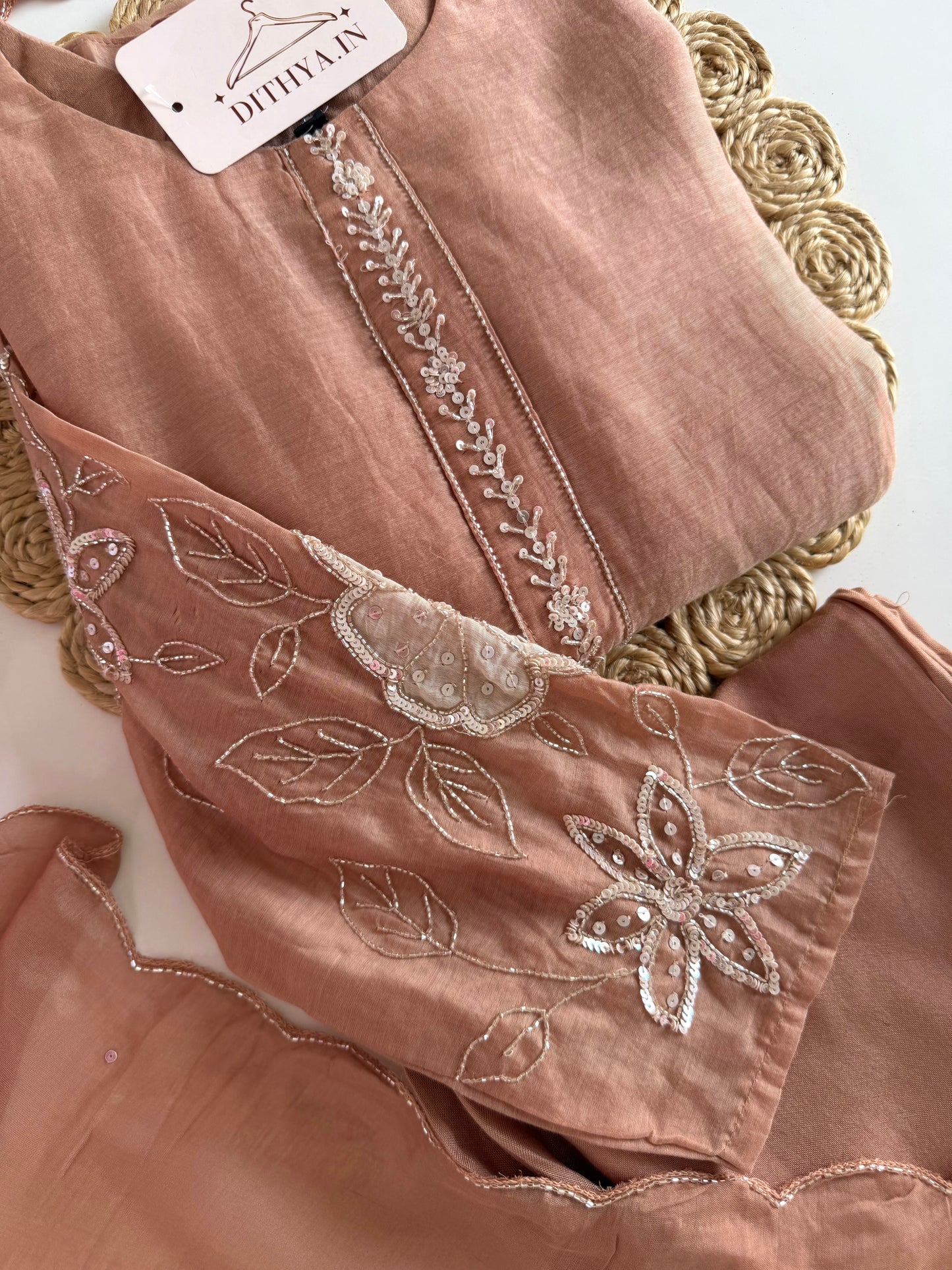K181 - Mul chanderi handwork Aline Kurti with pants and dupatta in 2 colours
