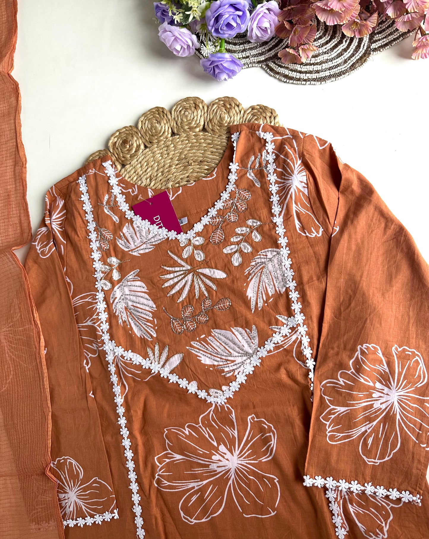 K217 - Cotton floral straight kurti with pants and dupatta