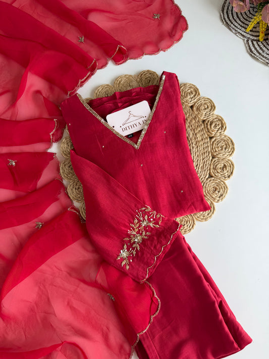 K529 - Mul chanderi handwork Aline Kurti with pants and dupatta in 2 colours