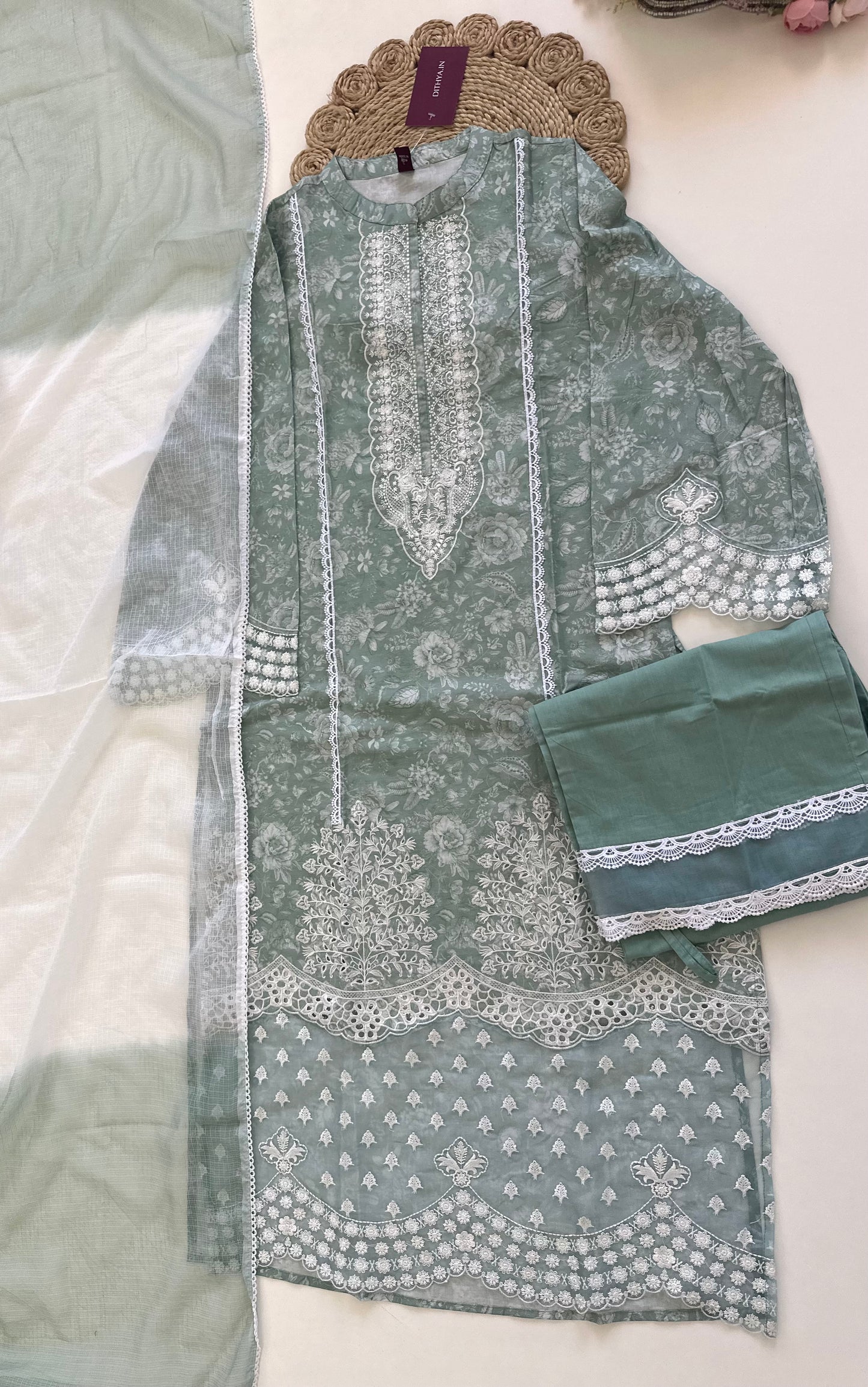 K269 - Rayon embroidered paki straight kurti with palazzo and dupatta in 2 colours