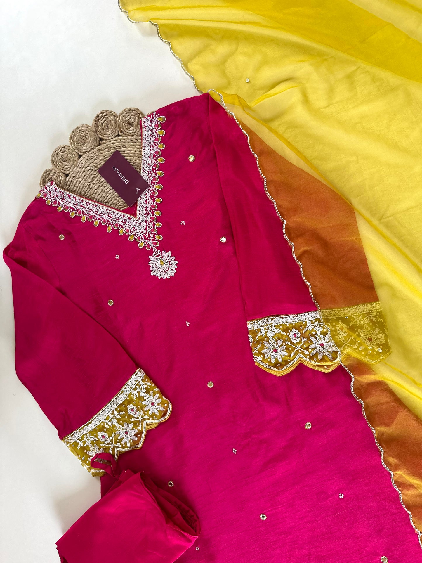 K156 - Russian silk handwork Aline Kurti with pants and dupatta