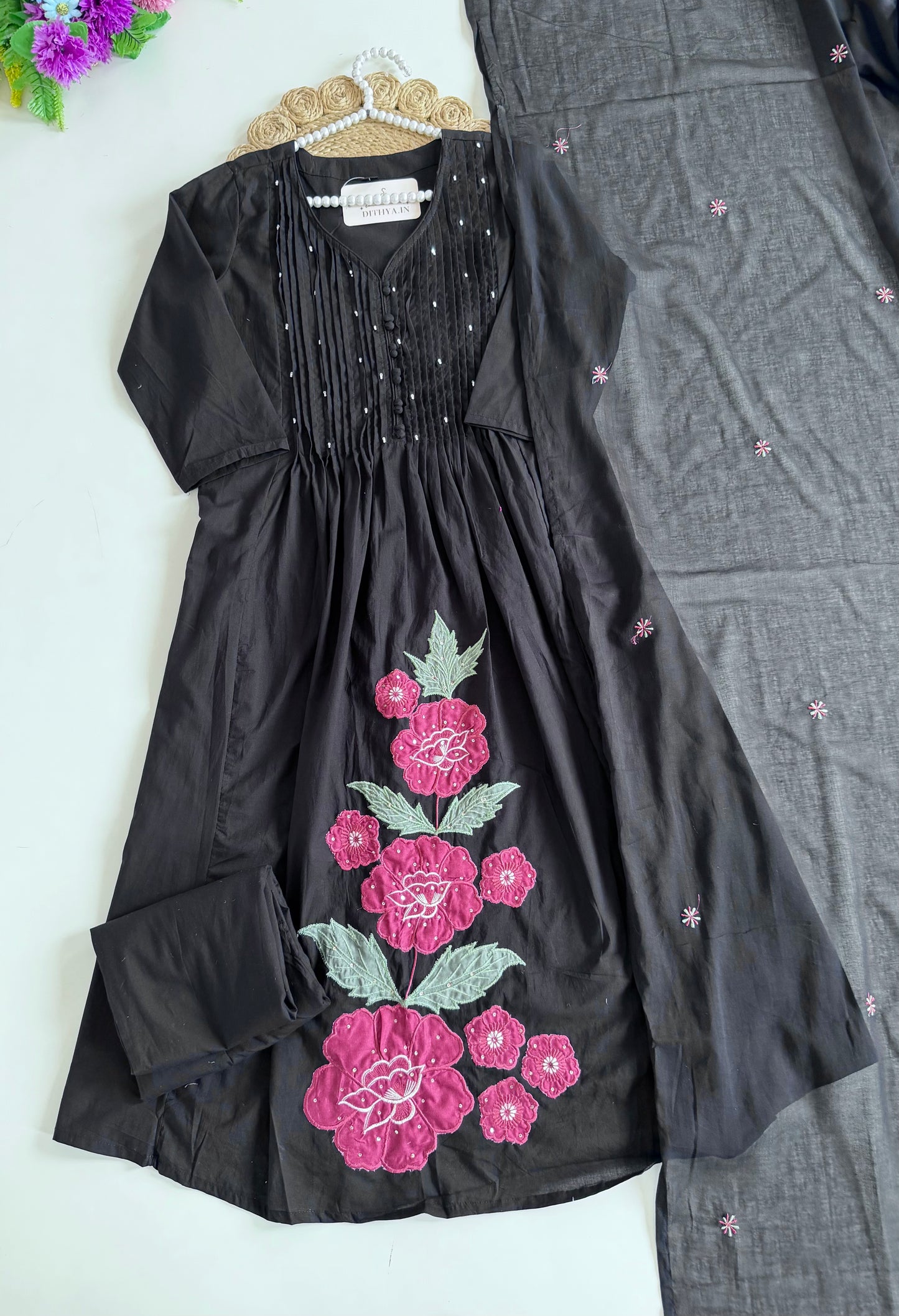 K642 - Mul cotton pleated embroidered Anarkali with pants and dupatta