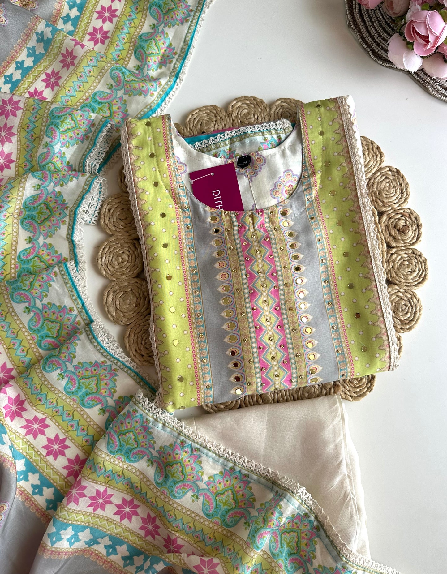 K210 - Pure muslin handwork straight Kurti with pants and dupatta