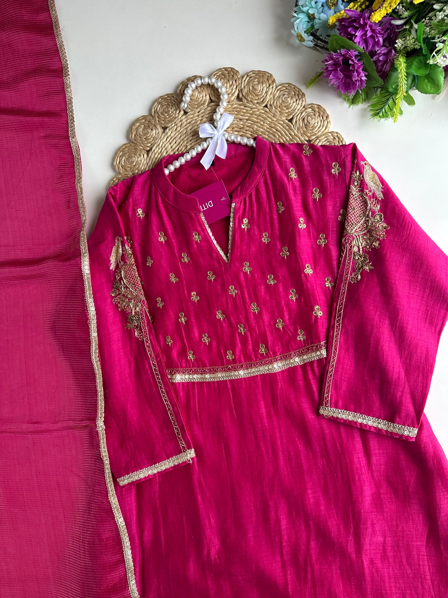 K013 - Mul Chanderi handwork Aline Kurti with pants and dupatta