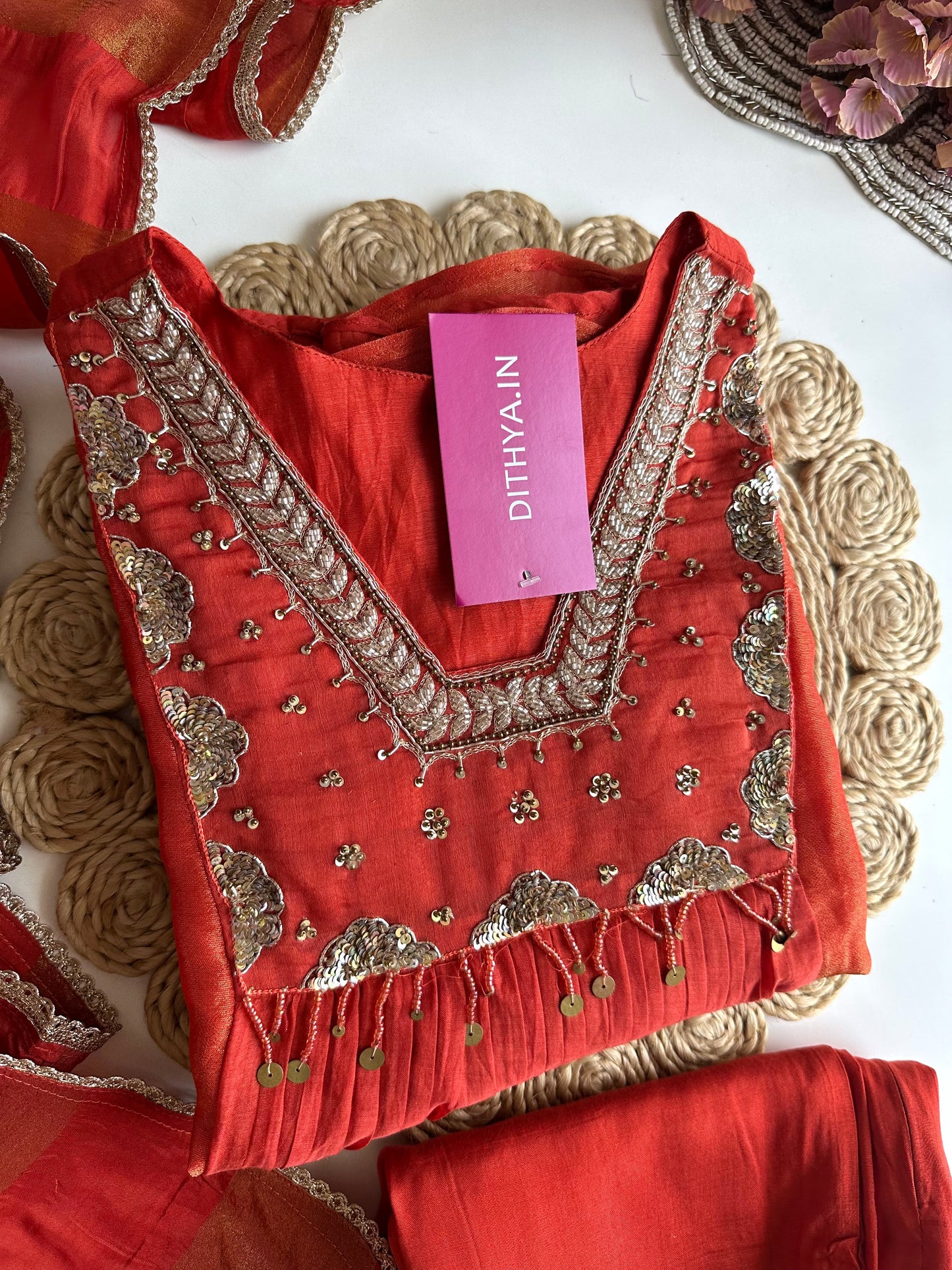 K405 - Mul Chanderi handwork Aline Kurti with pants and dupatta in 2 colours