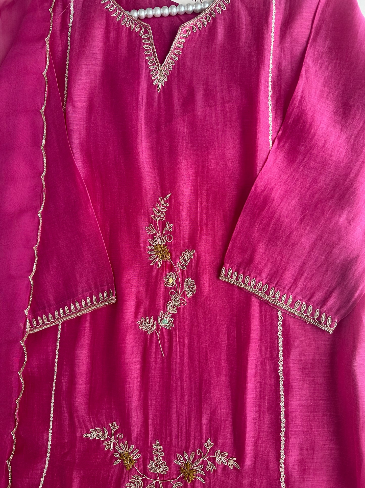 K477 - Mul Chanderi handwork Aline Kurti with pants and dupatta