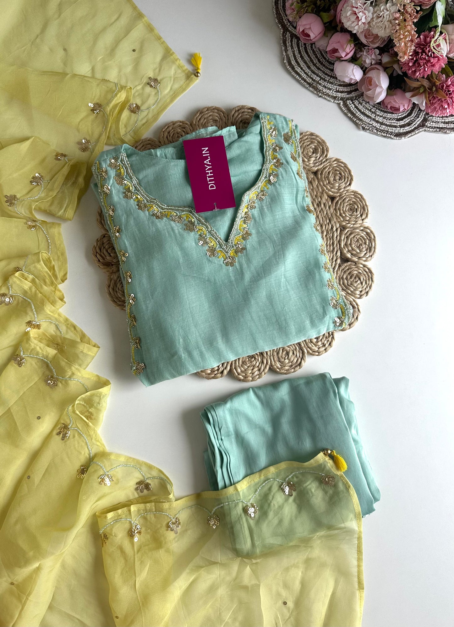 K360 - Mul Chanderi handwork Aline Kurti with pants and dupatta