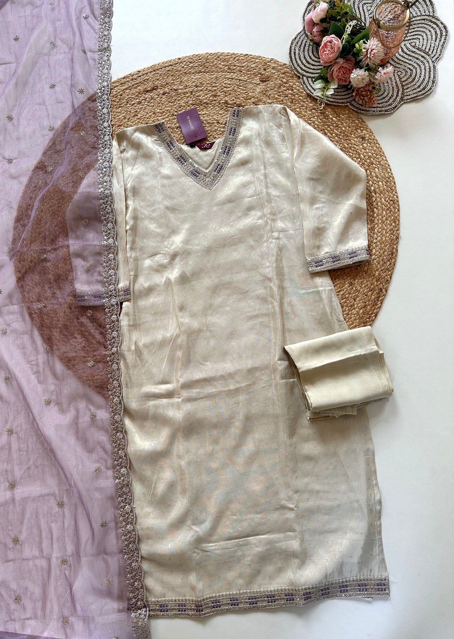 K054 - Tissue silk self weaving straight kurti with pants and dupatta.
