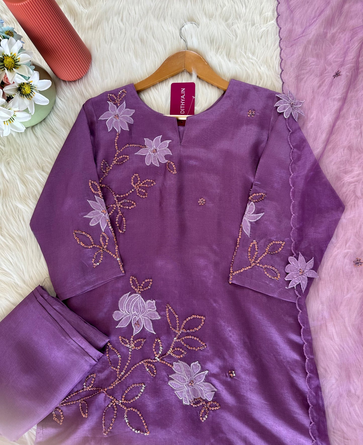 K359 - Russian silk appliqué work straight Kurti with pants and dupatta