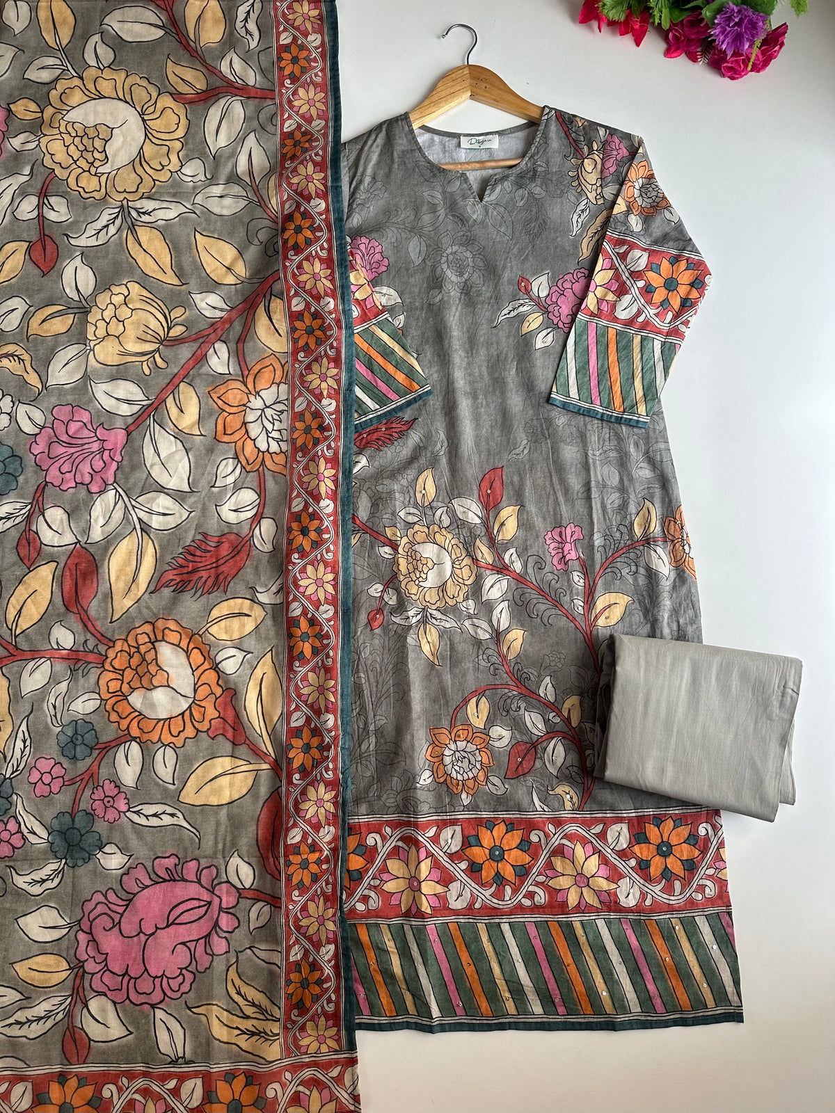 K403 - Mul cotton printed straight Kurti with pants and dupatta