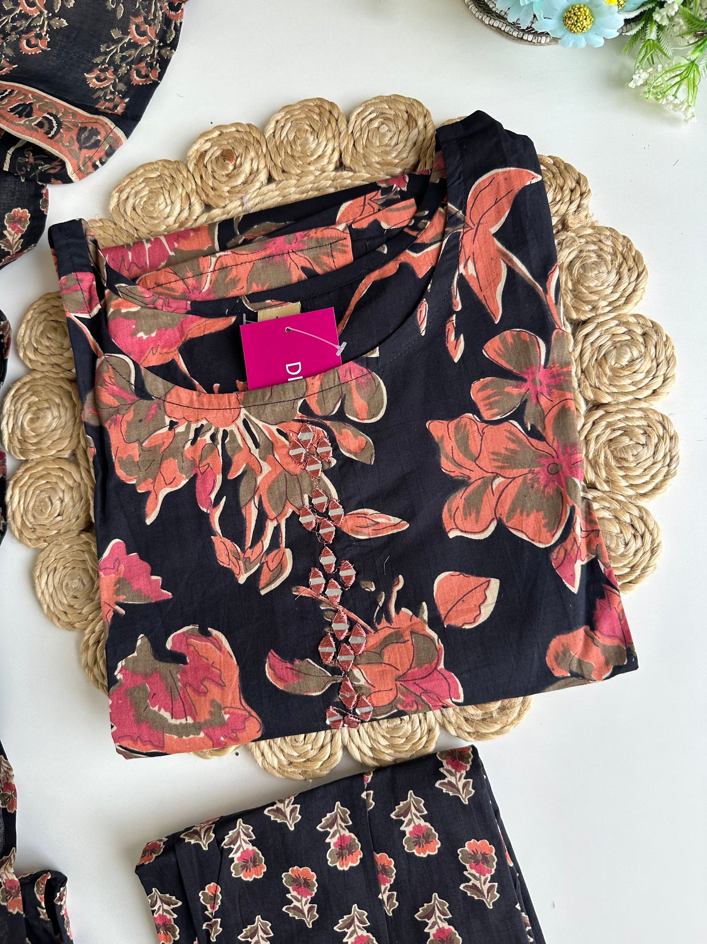 K071 - Cotton floral straight Kurti with pants and dupatta in 4 colours