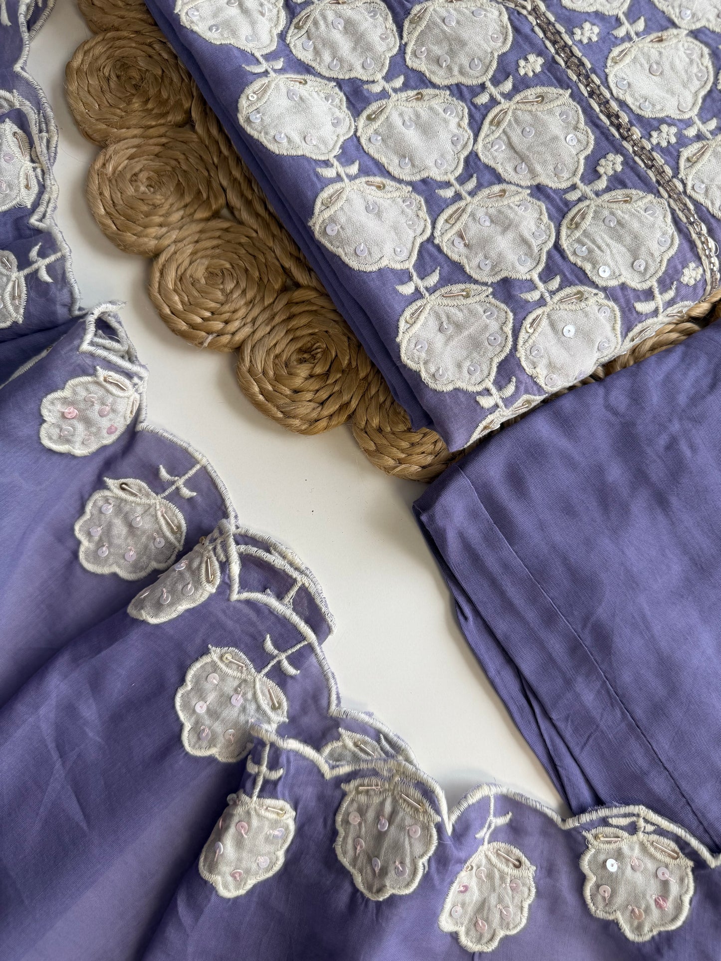 K503 - Mul chanderi embroidered straight Kurti with pants and dupatta