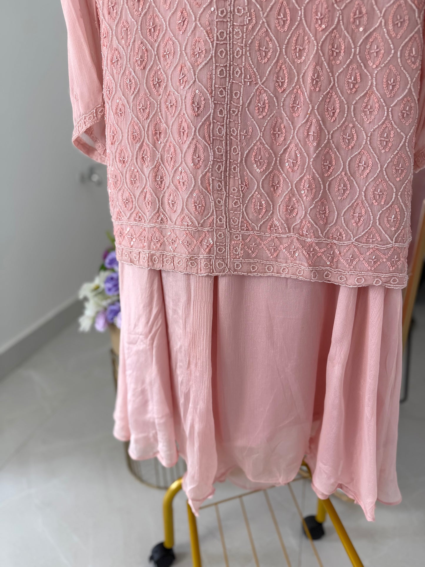 K522 - Pure chinnon handwork Kurti with palazzo and dupatta