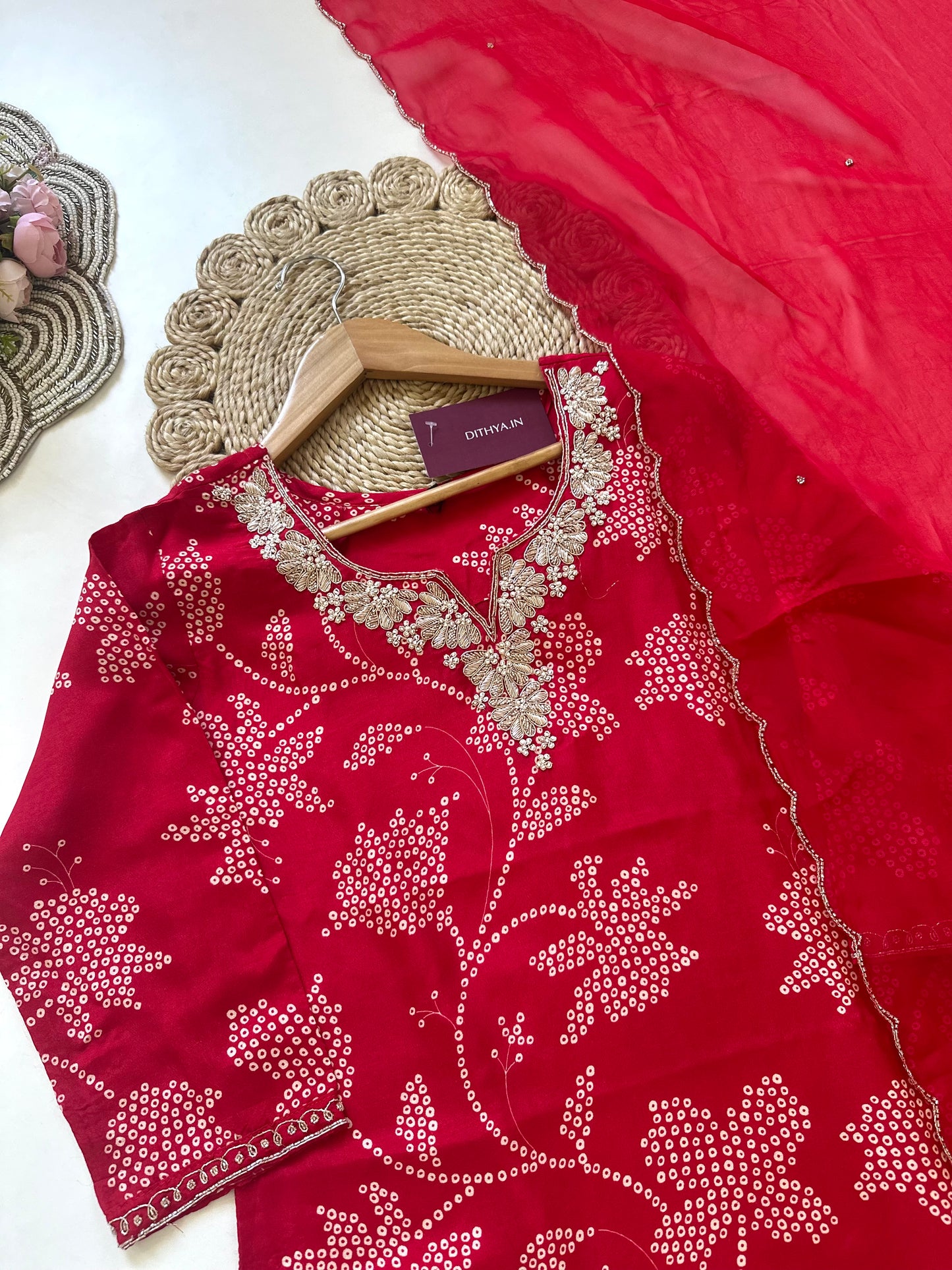 K295 - Russian silk handwork straight kurti with pants and dupatta.