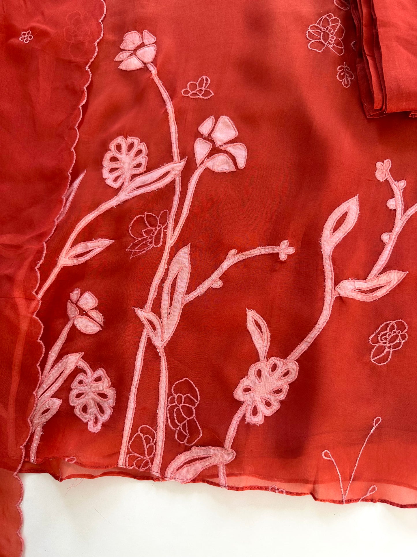K225 - Pure viscose organza appliqué work Aline Kurti with pants and dupatta in 2 colours