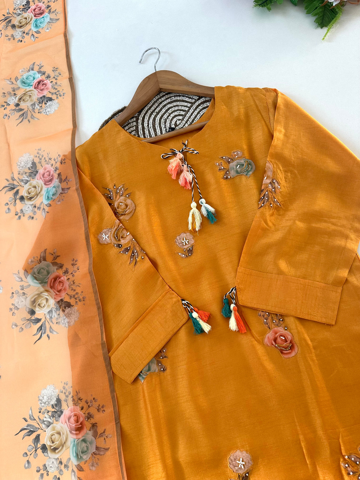 K127 - Dola silk appliqué work straight Kurti with pants and dupatta
