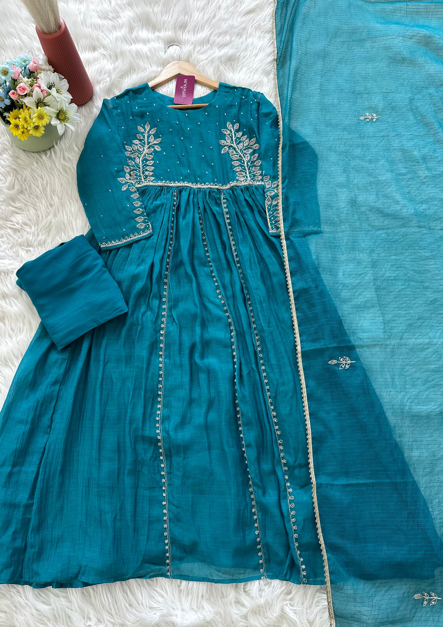 K016 - Mul Chanderi zardosi Anarkali with pants and dupatta