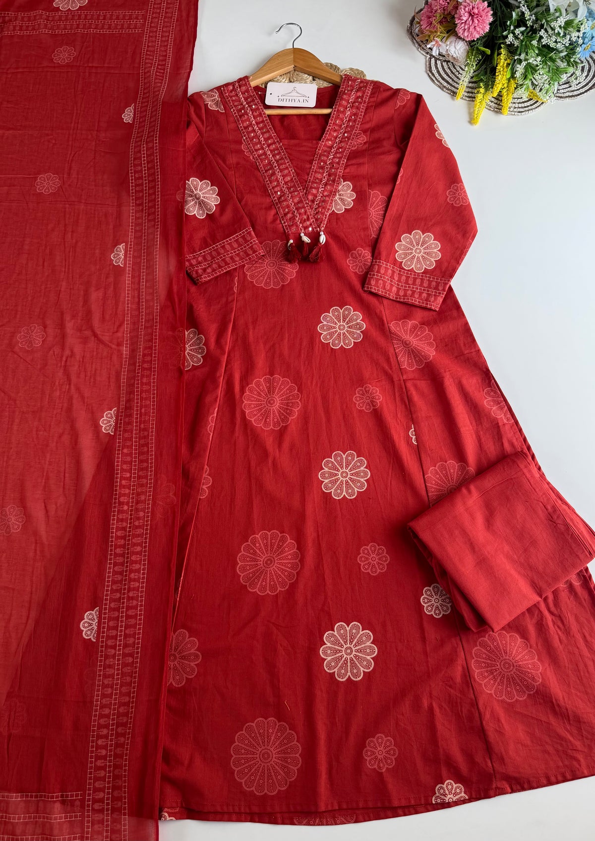 K657 - Mul cotton embroidered Aline Kurti with pants and dupatta in 2 colours