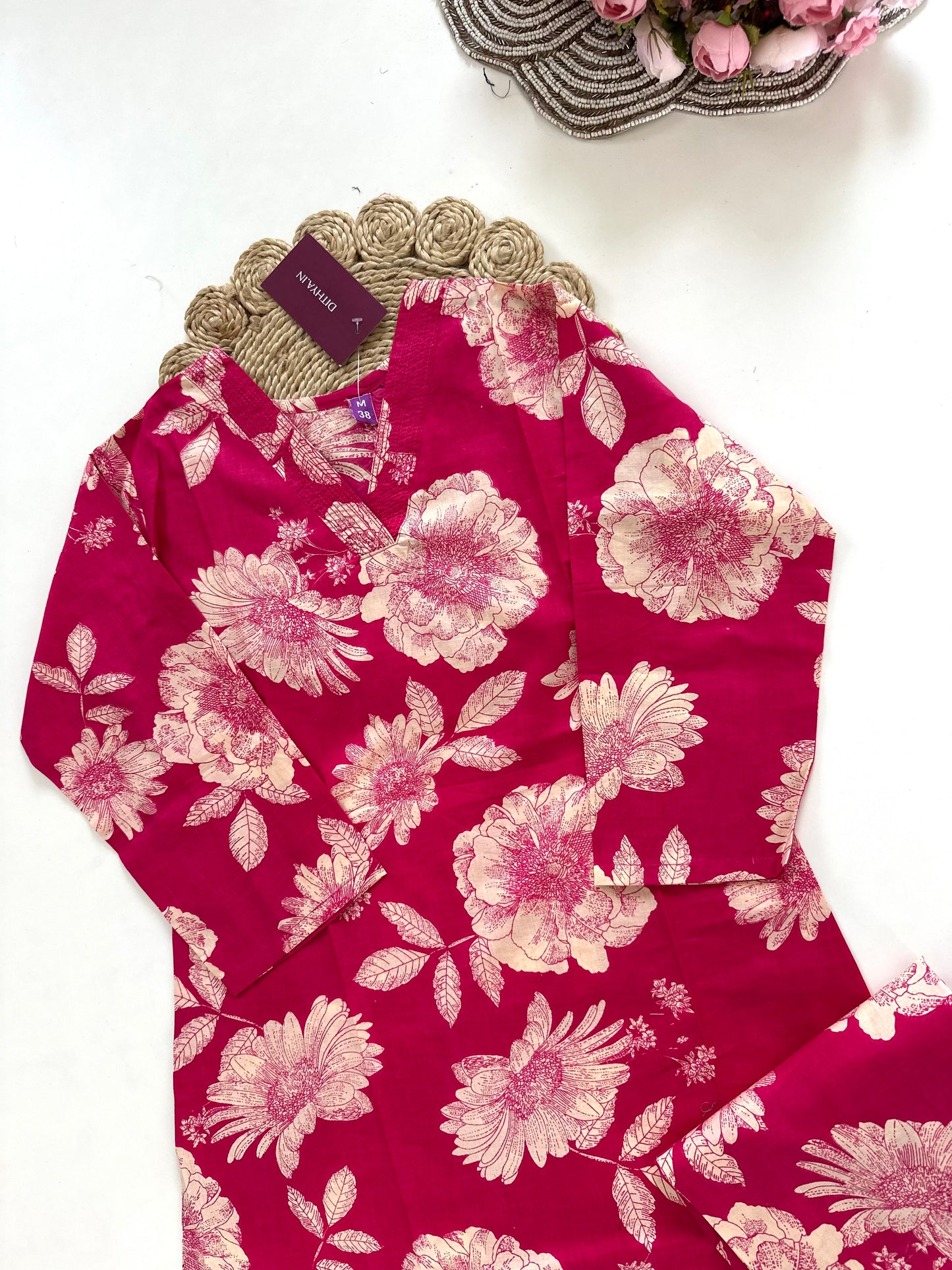 K227 - Cotton floral Aline Kurti with pants in 3 colours