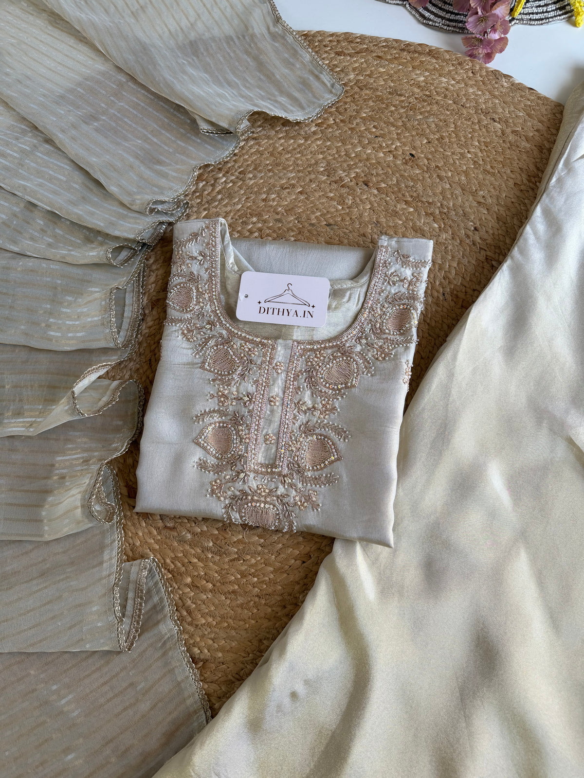K157 - Tissue silk handwork short Kurti with divider pants and dupatta