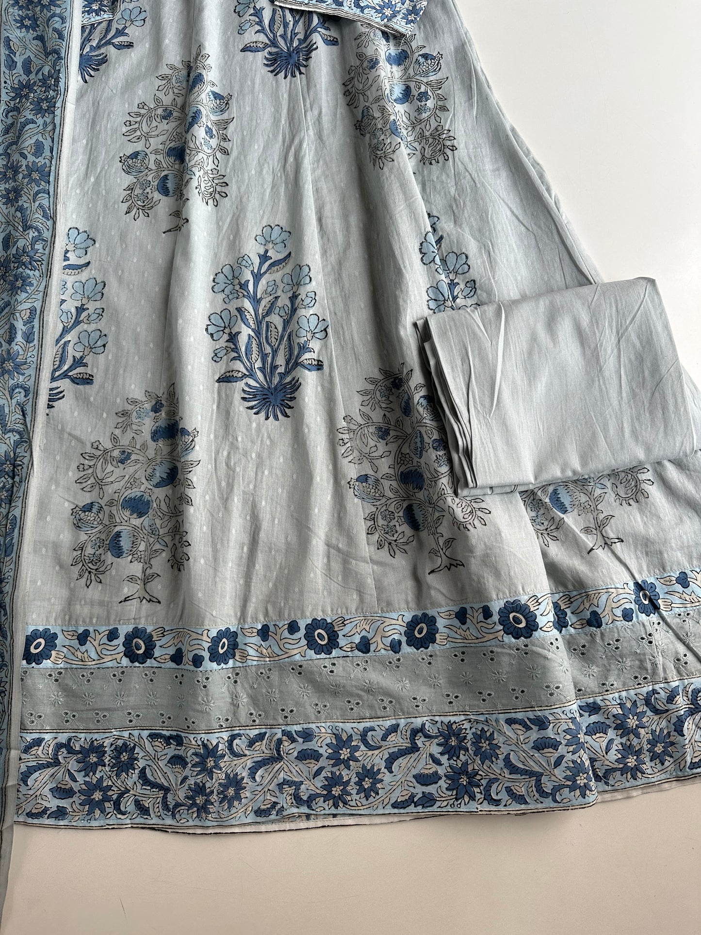 K213 - Mul cotton block print & embroidered Anarkali with pants and dupatta