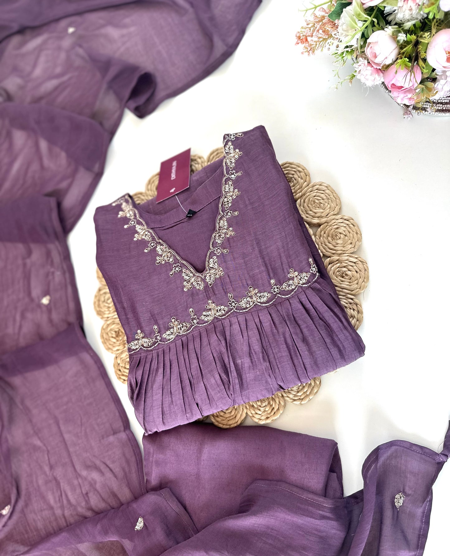 K138 - Mul Chanderi handwork Aline Kurti with pants and dupatta