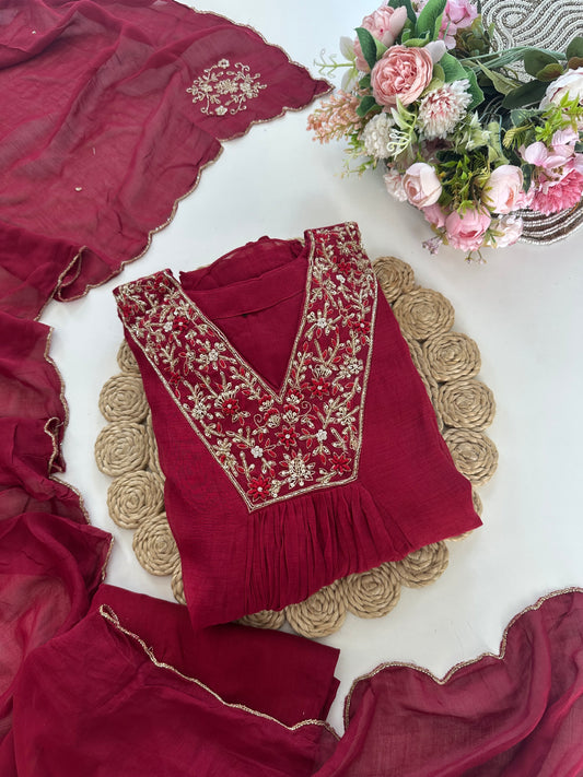 K191 - Mul Chanderi handwork Aline Kurti with pants and dupatta in 3 colours