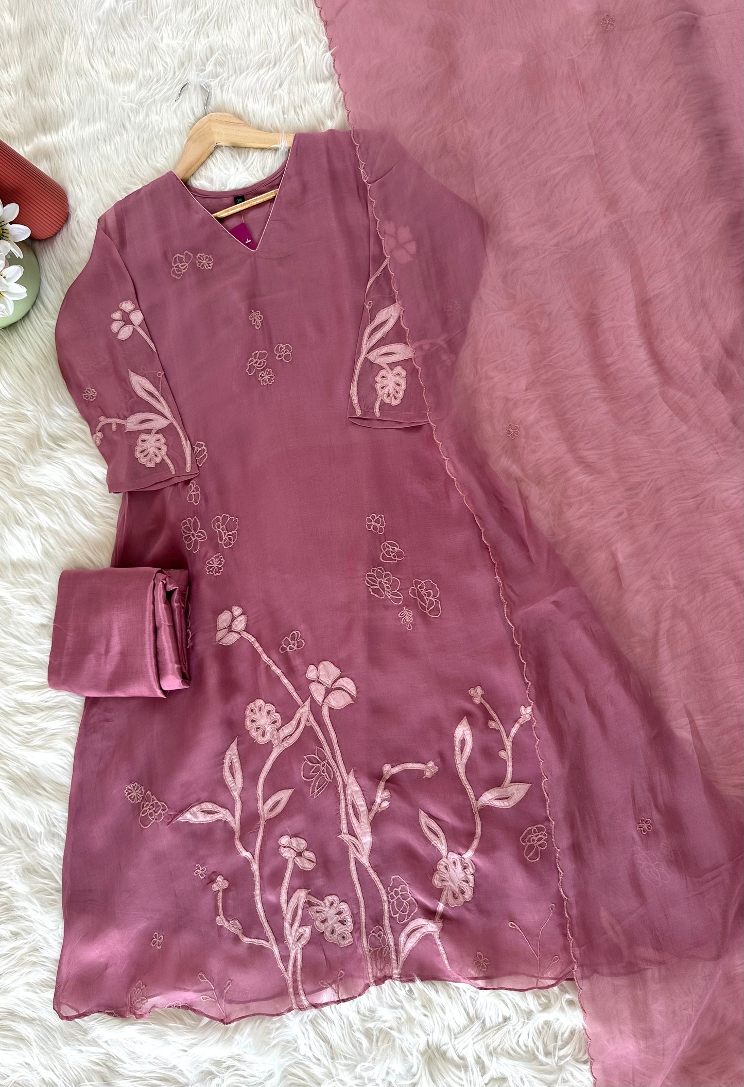 K225 - Pure viscose organza appliqué work Aline Kurti with pants and dupatta in 2 colours