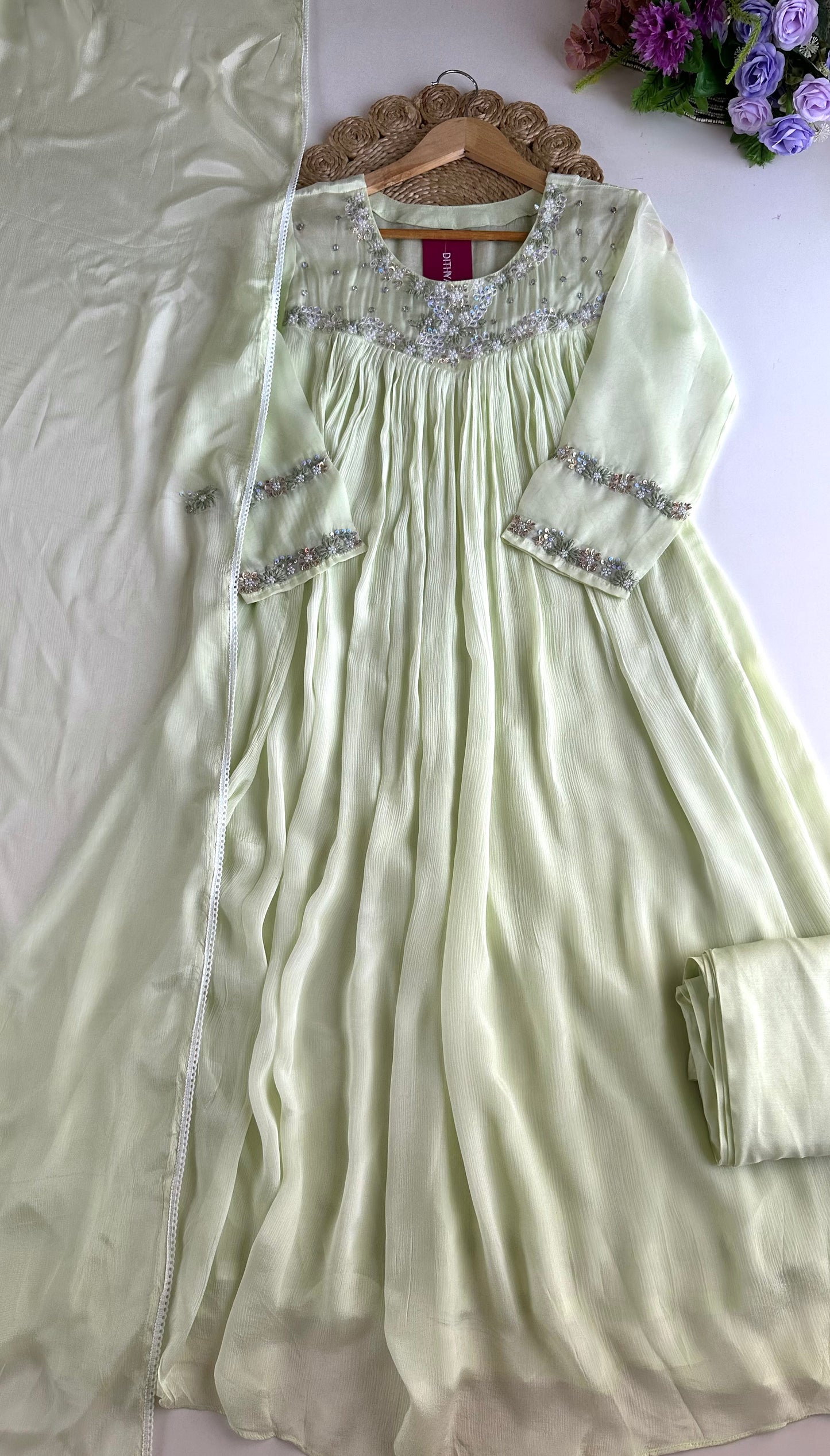 K076 - Pure Chinnon handwork Anarkali with pants and dupatta
