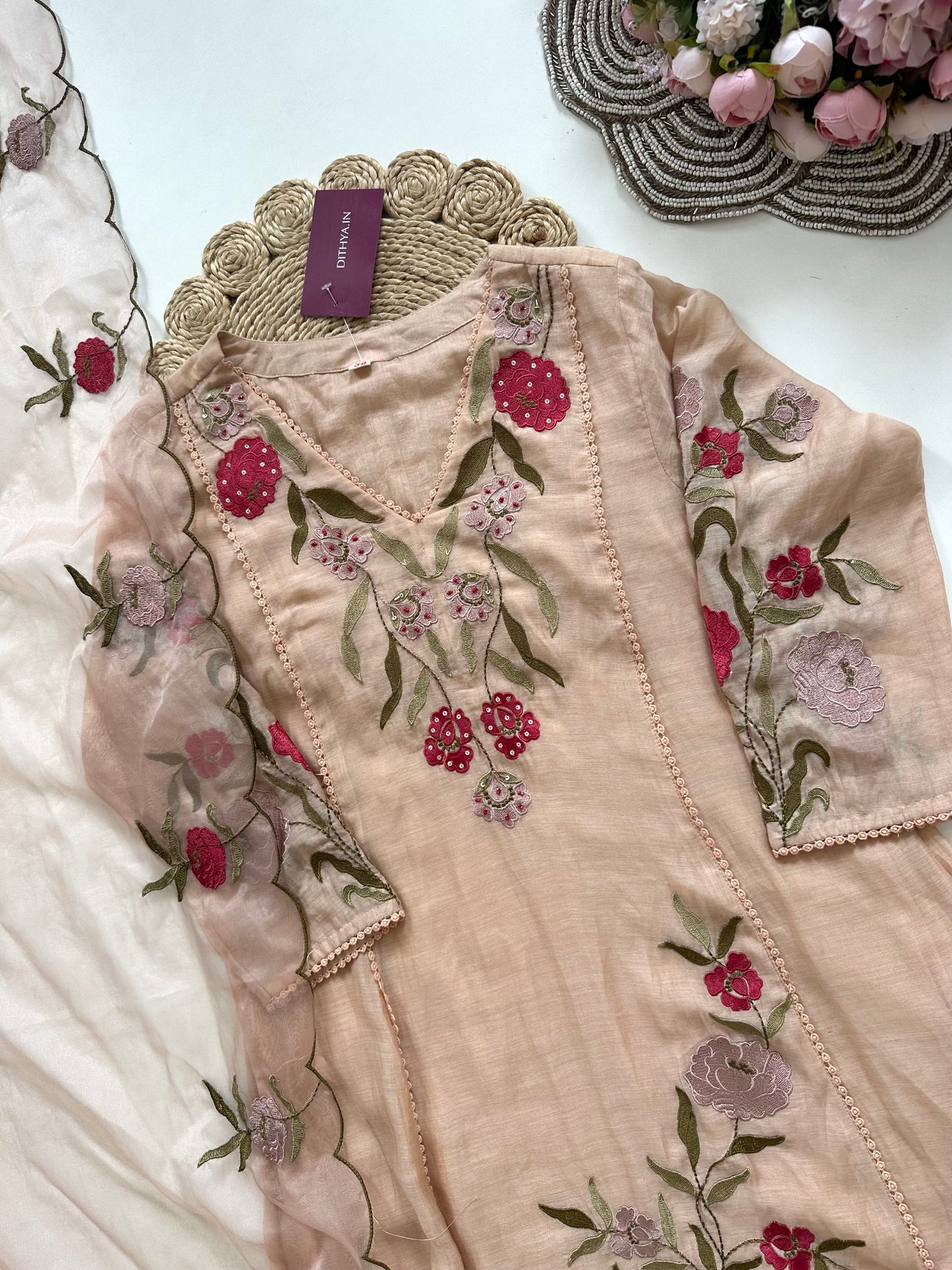 K379 - Mul Chanderi appliqué work Aline Kurti with pants and dupatta in 2 colours