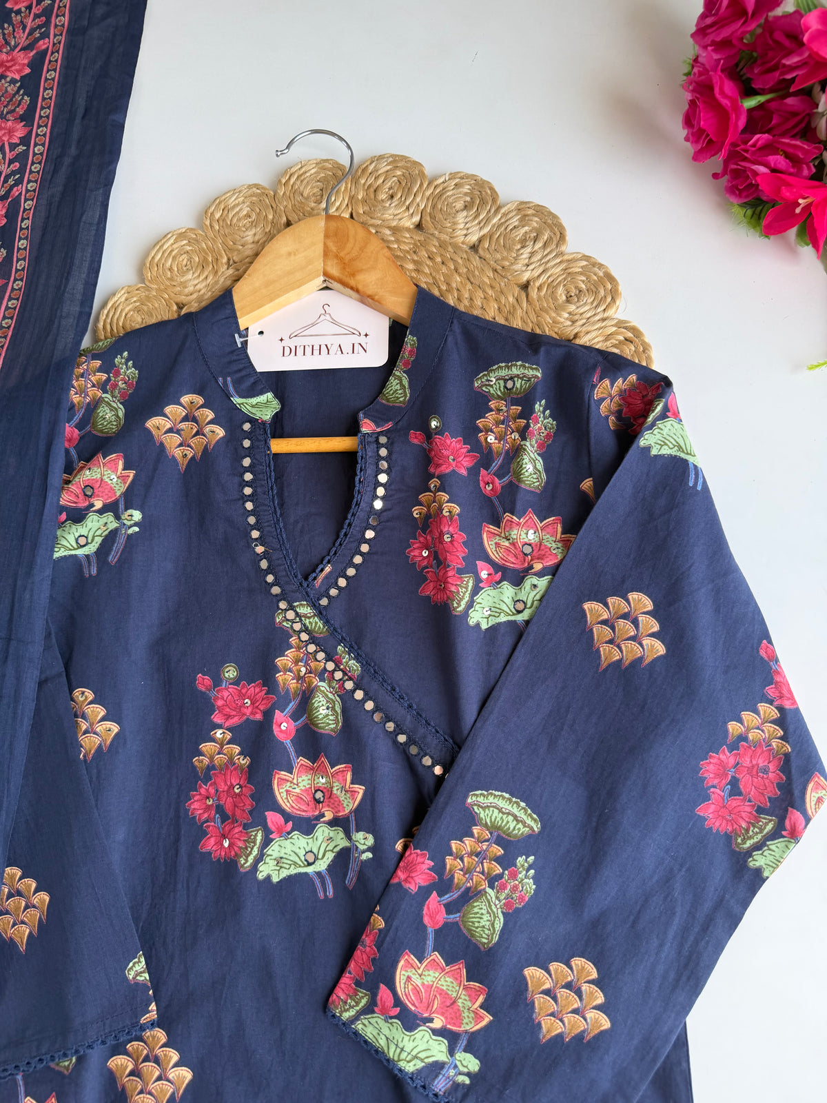 K730 - Mul cotton floral angrakha straight Kurti with pants and dupatta