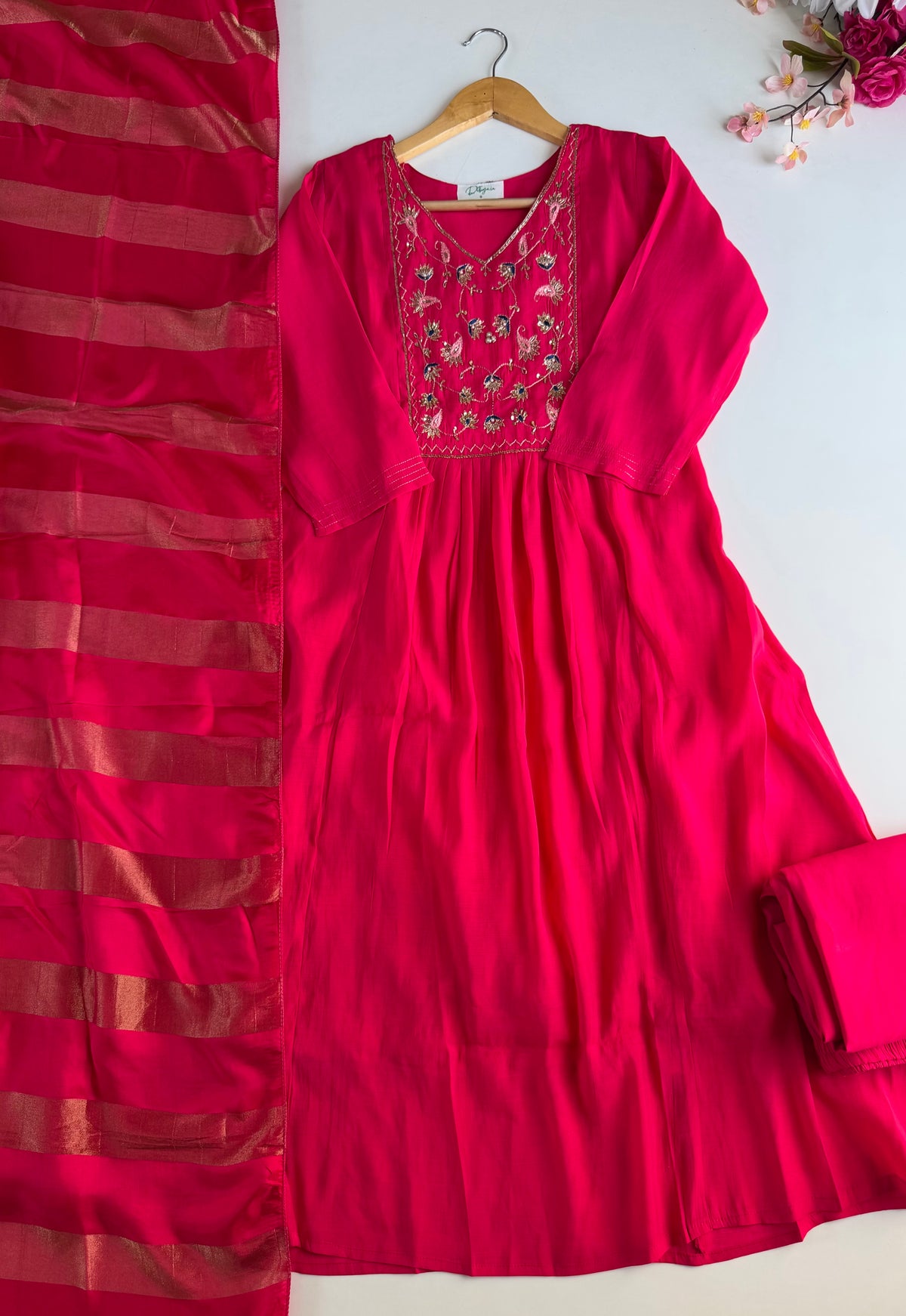 K298 - Surat Mul chanderi handwork Anarkali with pants and dupatta