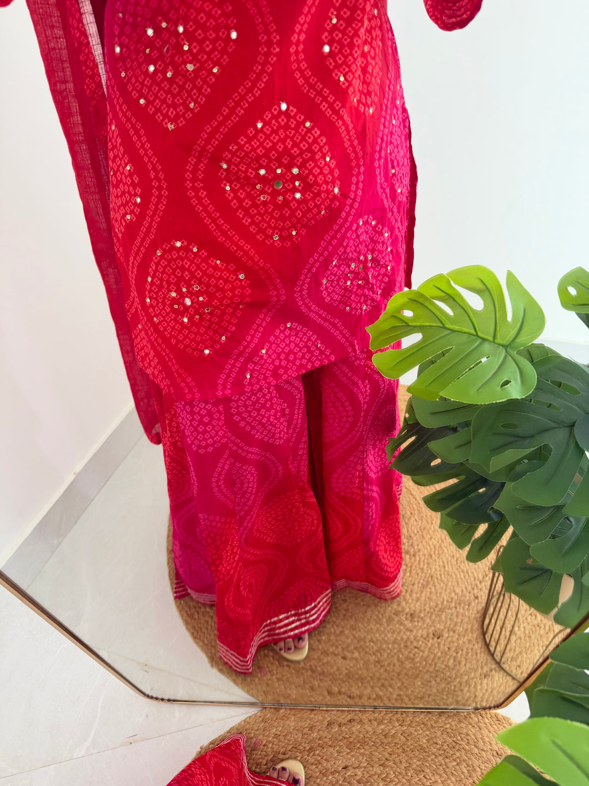 K090 - Mul cotton bandhini mirror work short Kurti with palazzo pants and dupatta