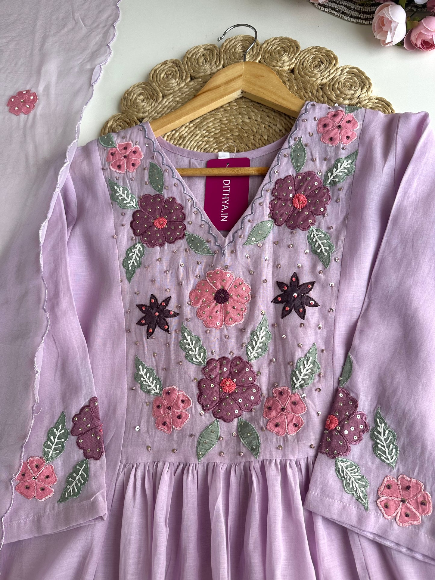 K082 - Mul Chanderi appliqué work Aline Kurti with pants and dupatta