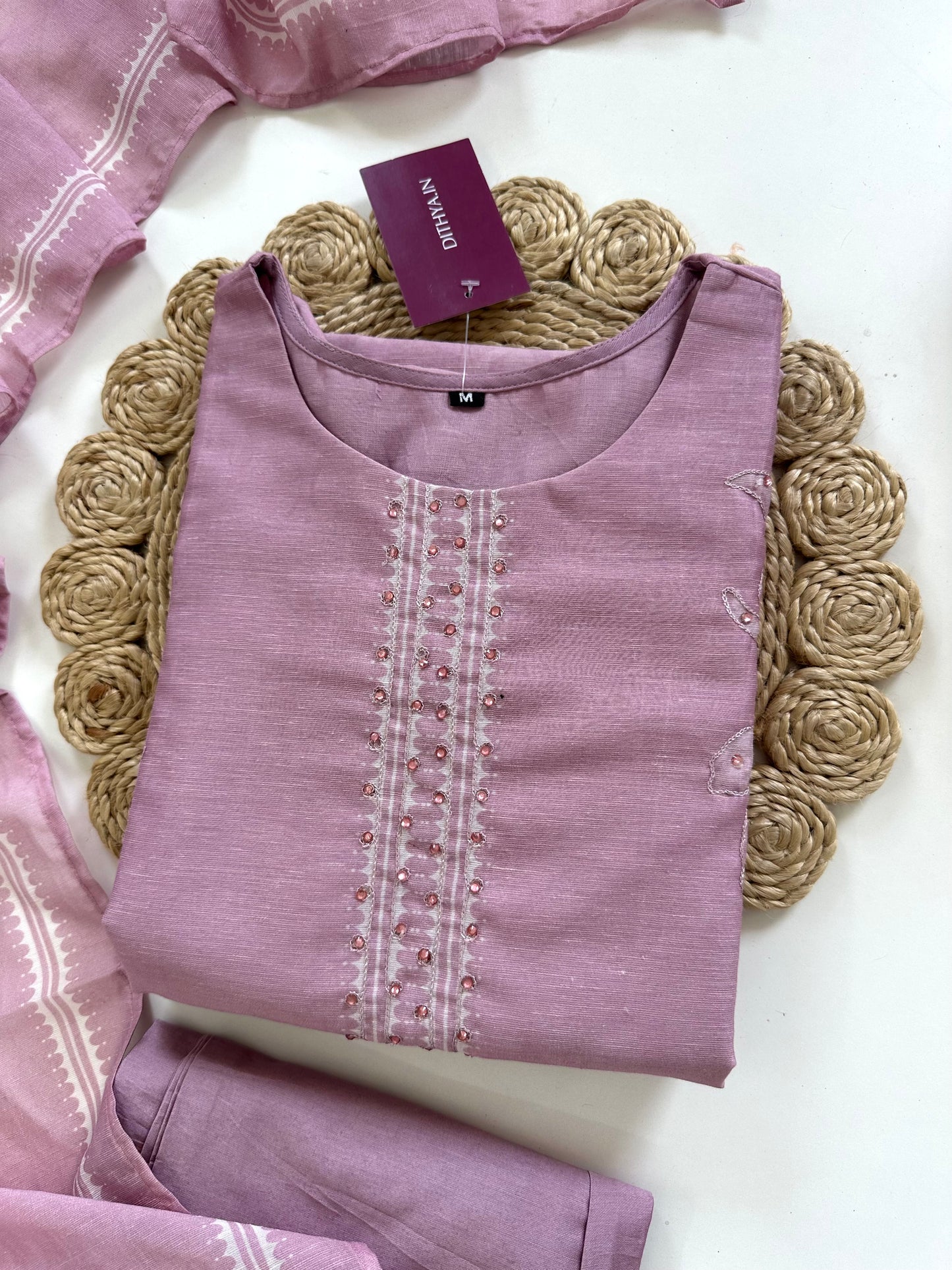 K213 - Linen cotton handwork straight Kurti with pants and dupatta