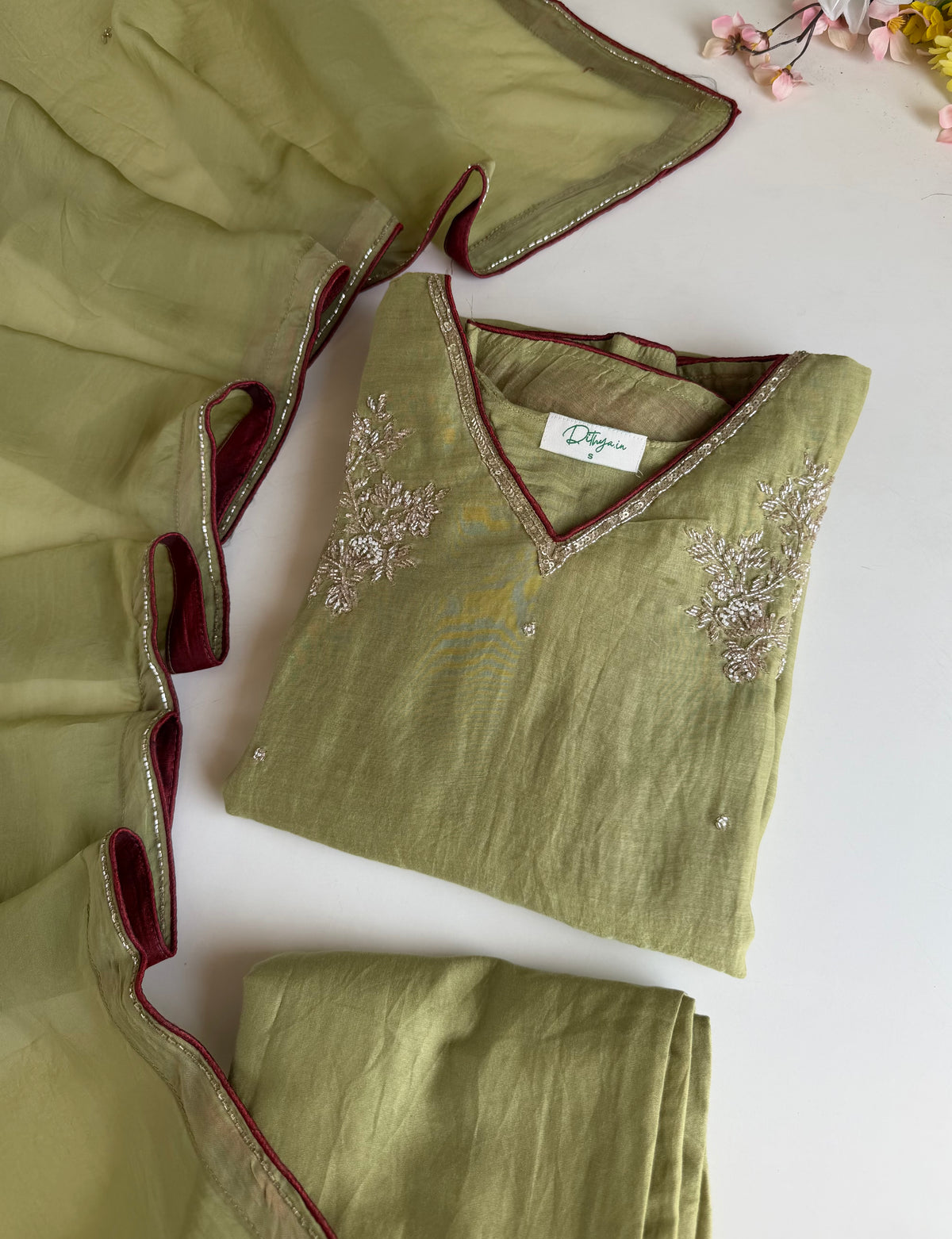 K417 - Mul chanderi handwork piping Aline Kurti with pants and dupatta
