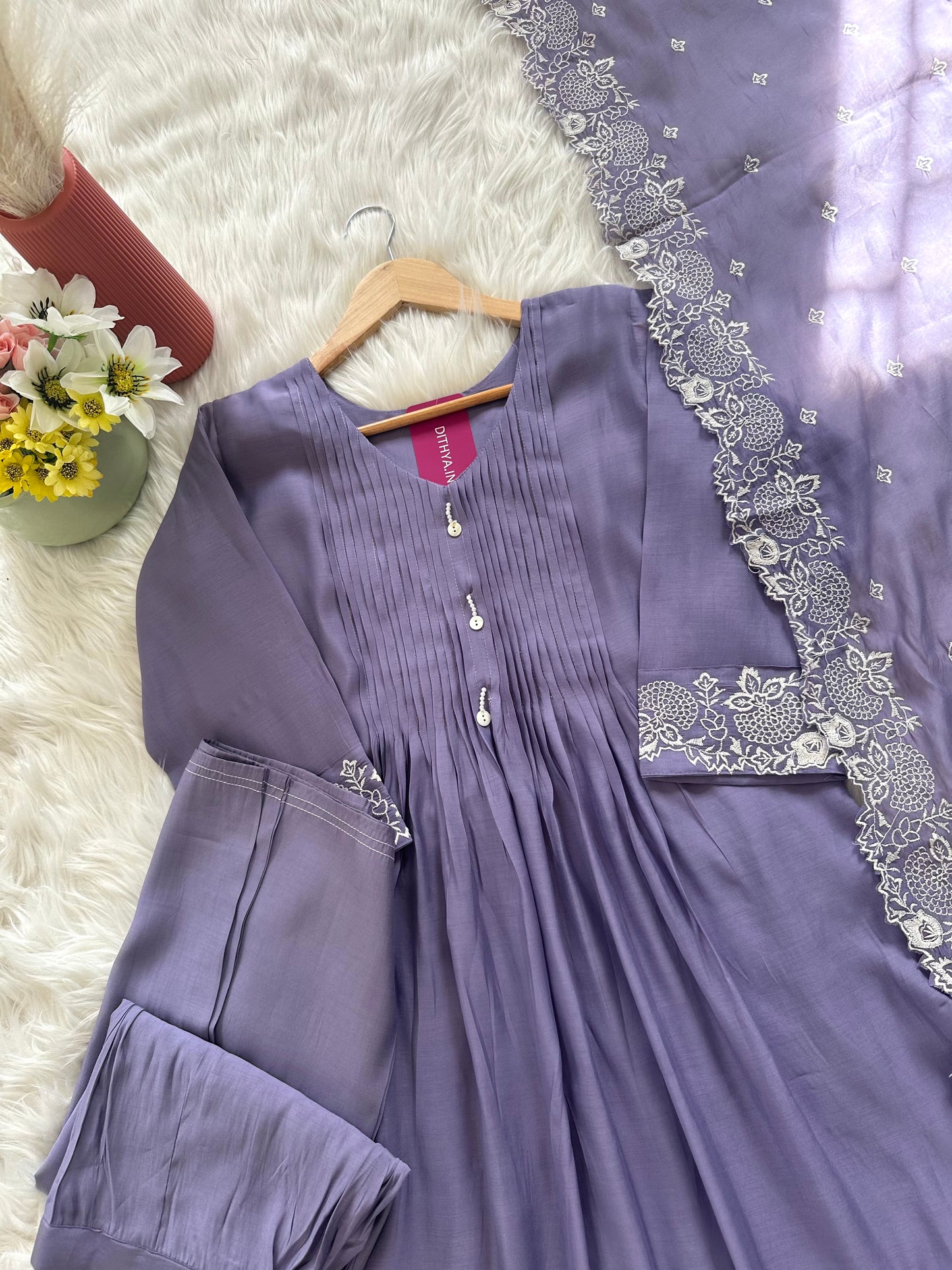 K319 - Muslin silk embroidered Aline Kurti with pants and dupatta in 2 colours