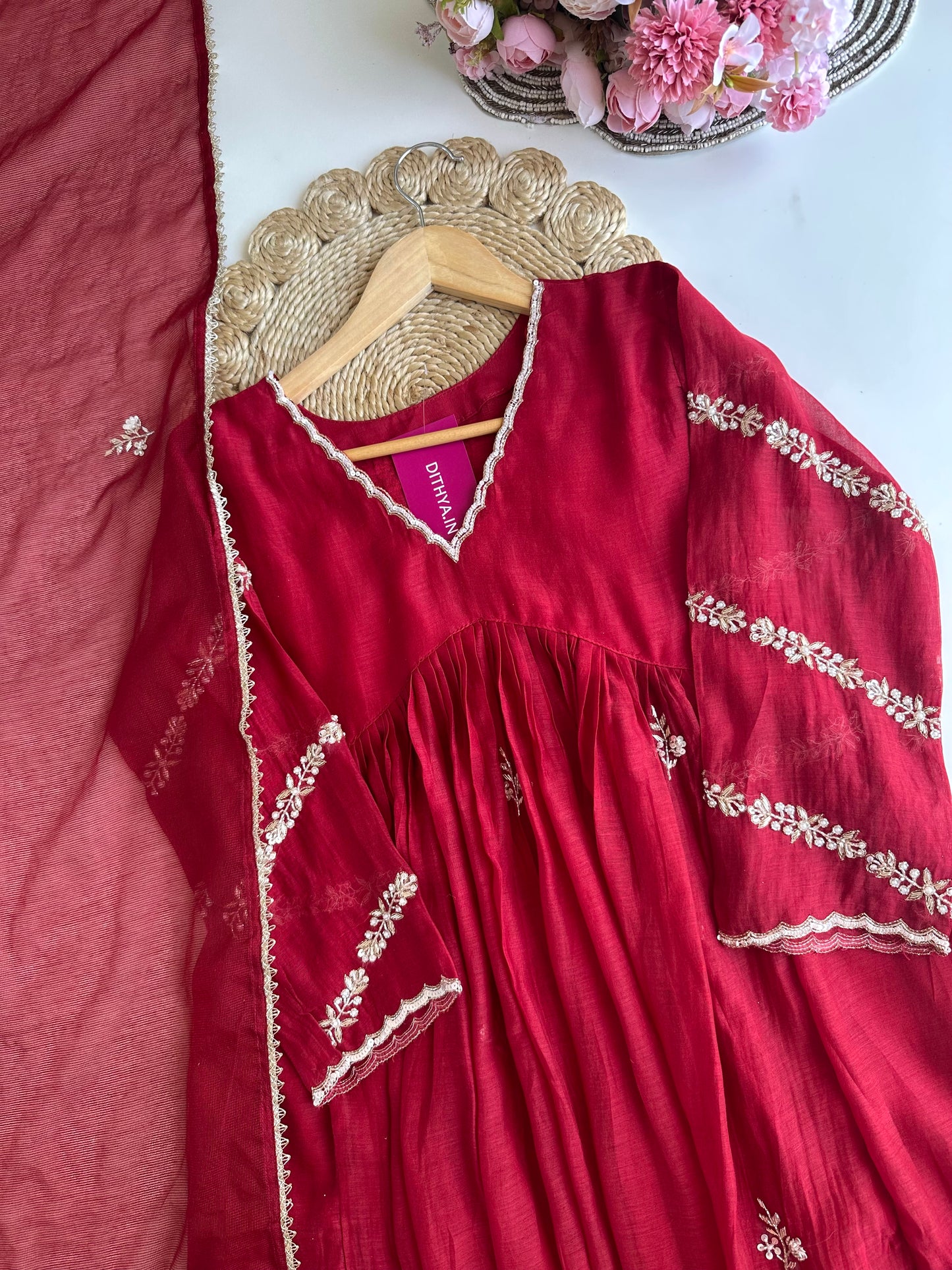 K112 - Mul Chanderi Handwork Anarkali with pants and dupatta